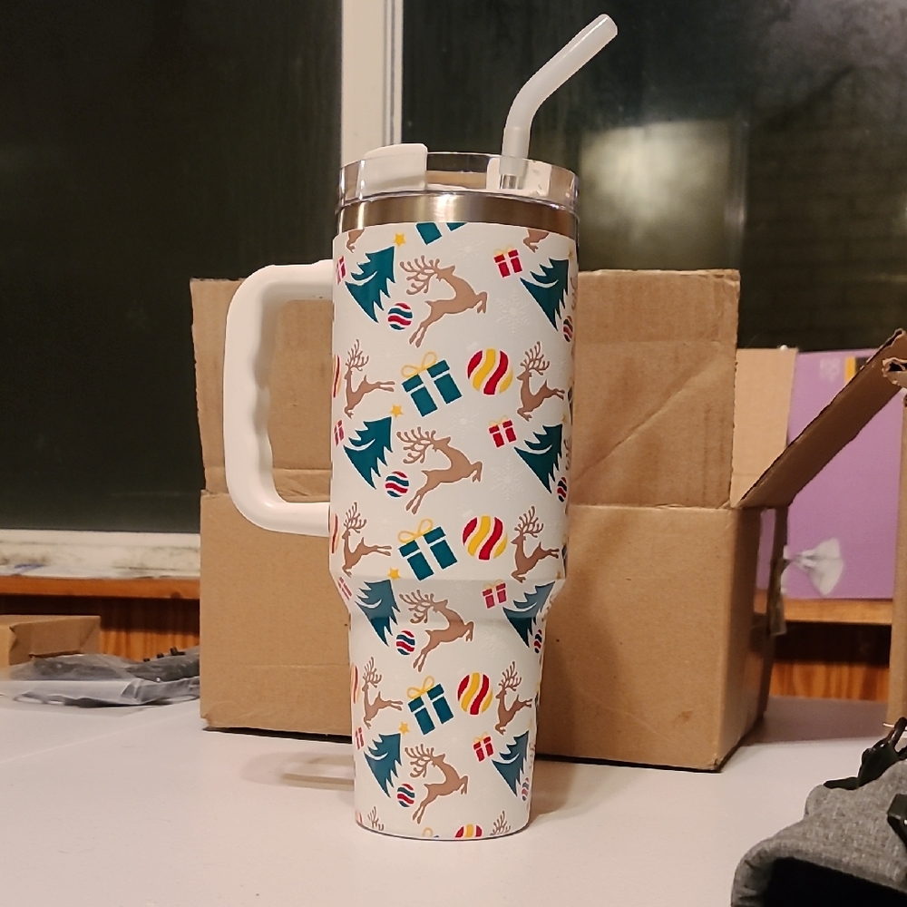 Festive Reindeer Travel Tumbler with Straw